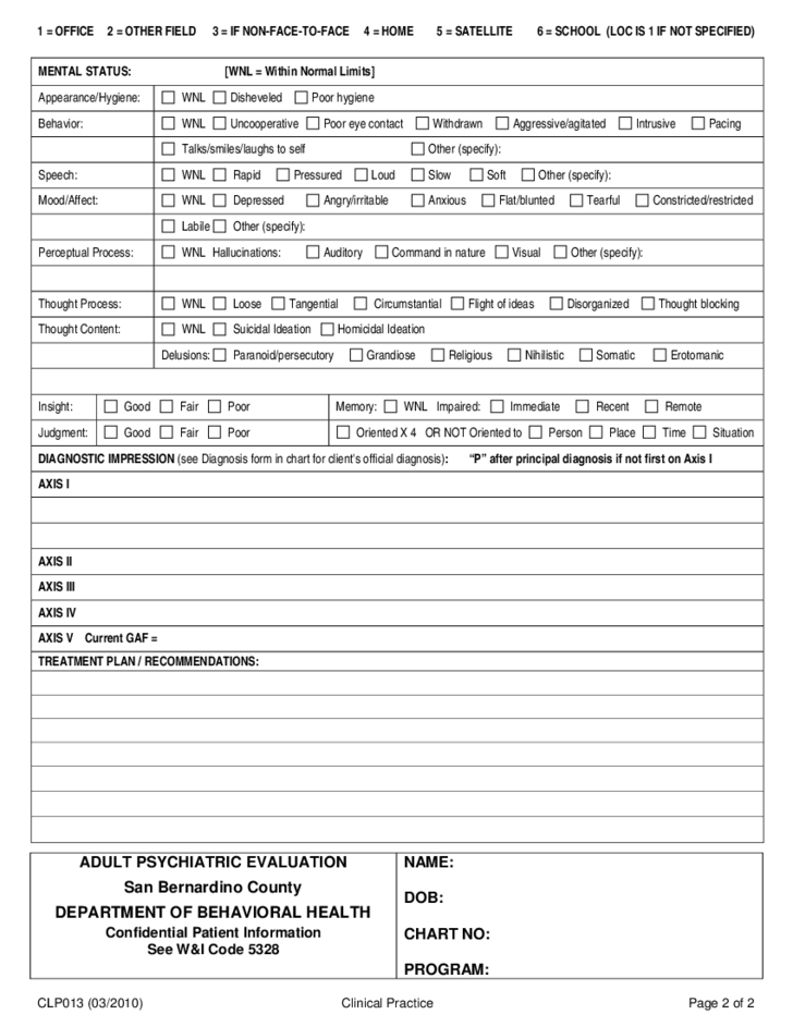 Psychiatric Evaluation Form California Free Download