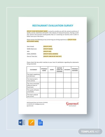 Restaurant Evaluation Survey Template Word Google Docs 