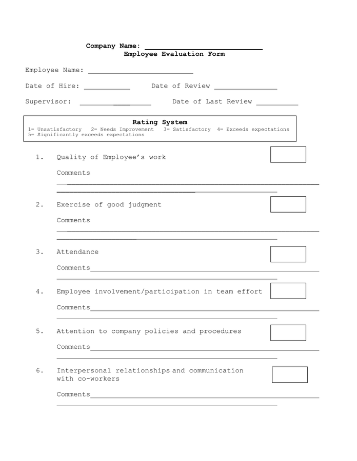Sample Employee Evaluation Form In Word And Pdf Formats