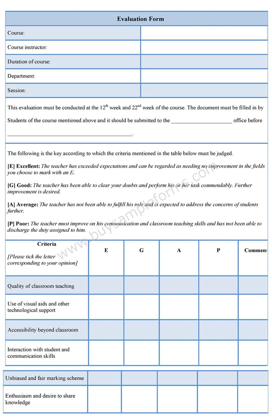 Sample Evaluation Form Sample Forms