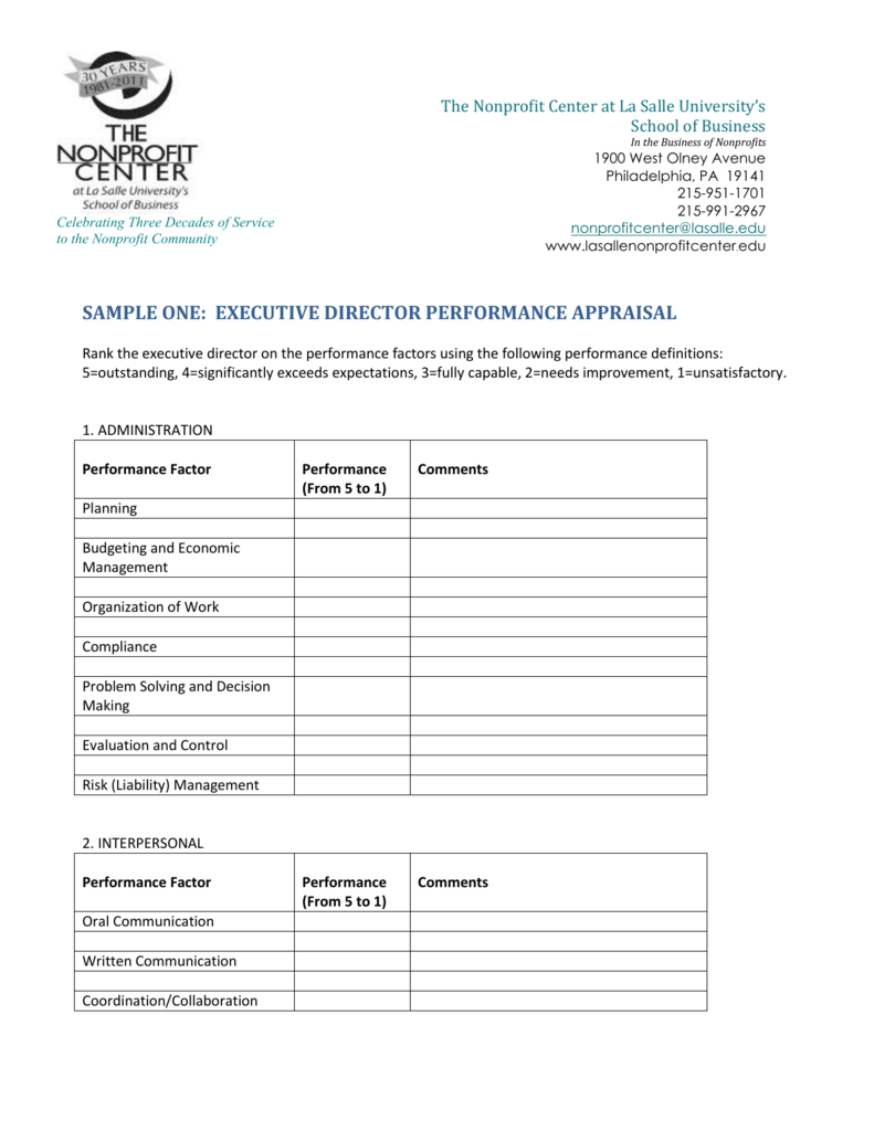 Sample Two Executive Director Performance Appraisal