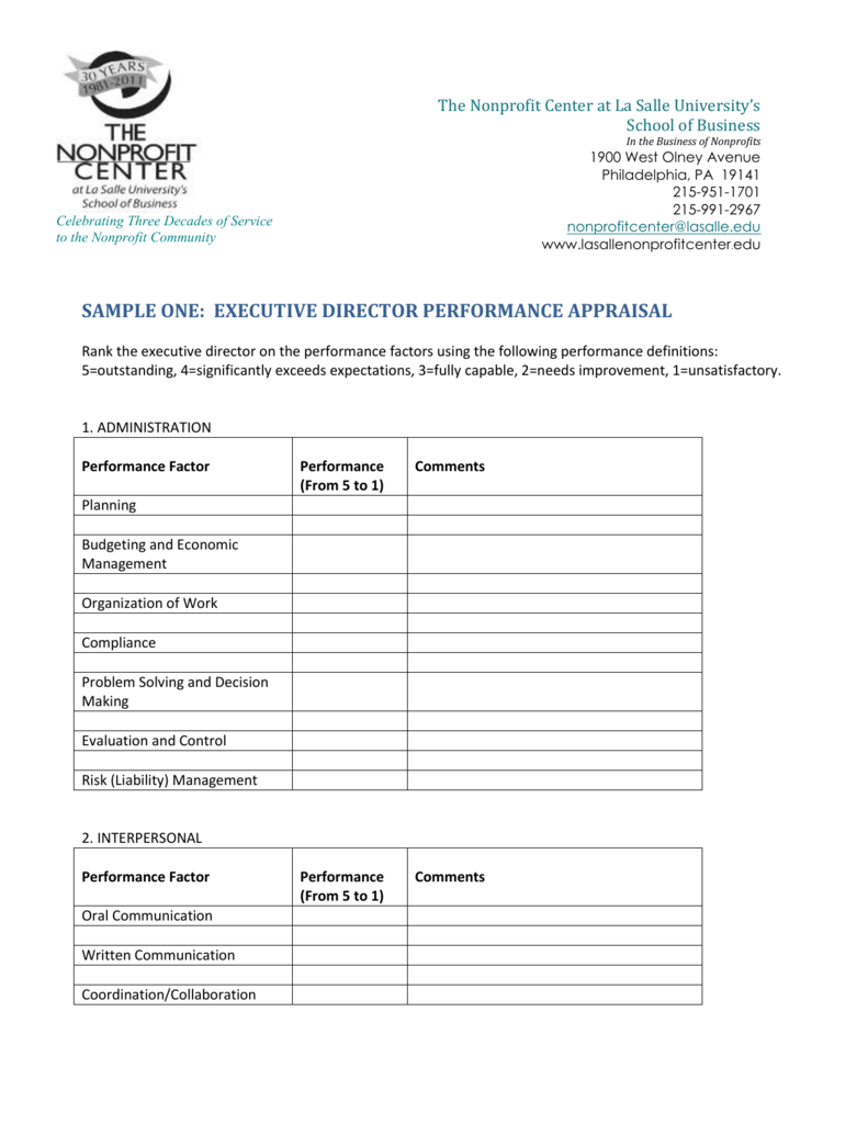 Executive Director Performance Evaluation Template   Sample Two Executive Director Performance Appraisal 