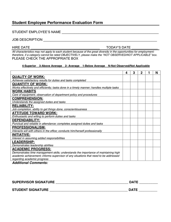 Student Employee Evaluation Form In Word And Pdf Formats