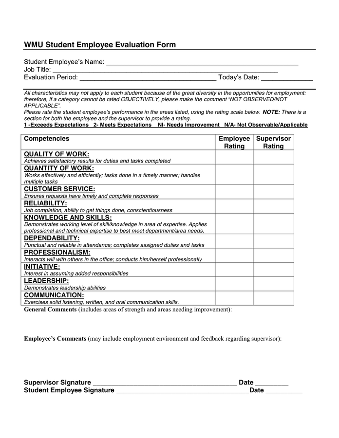 Student Employee Evaluation Form In Word And Pdf Formats