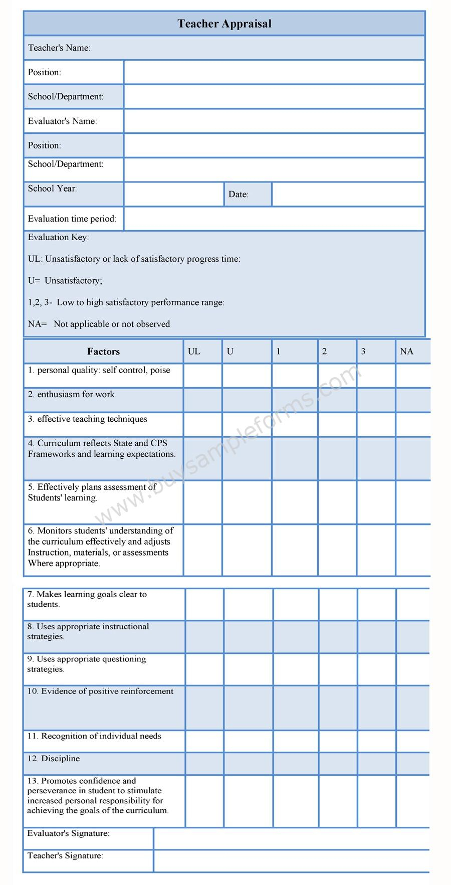 Teacher Appraisal Form Teacher Form Sample