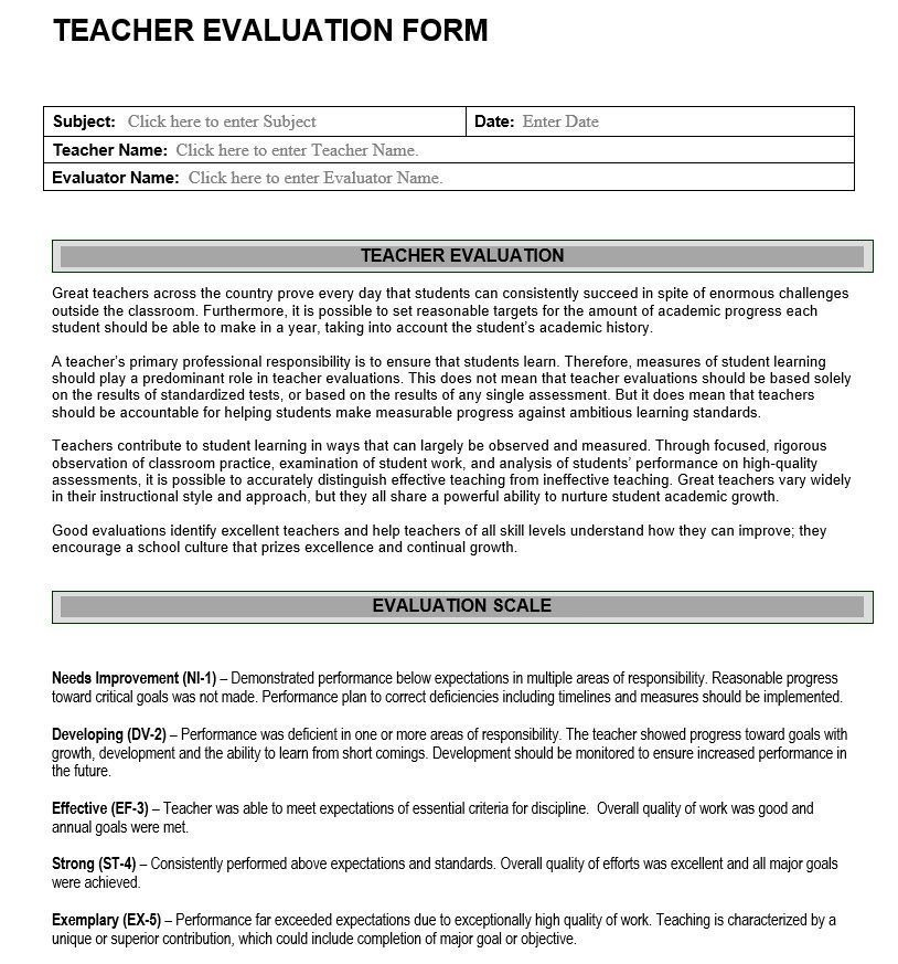 Teacher Evaluation Form Assessment Of Teacher Effectiveness