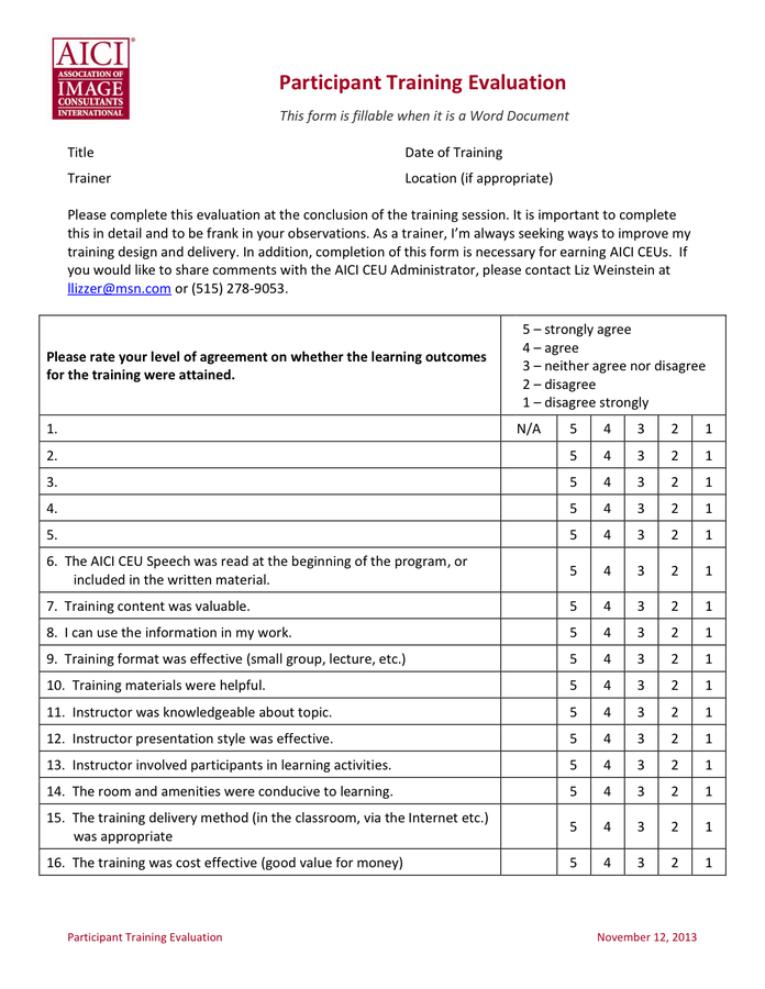 Training Evaluation Form Download Free Documents For PDF 