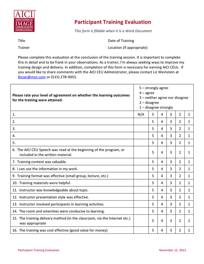 Free Training Evaluation Form Templates