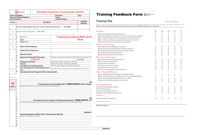 Training Feedback Form For Employee Answers Excel Sheet
