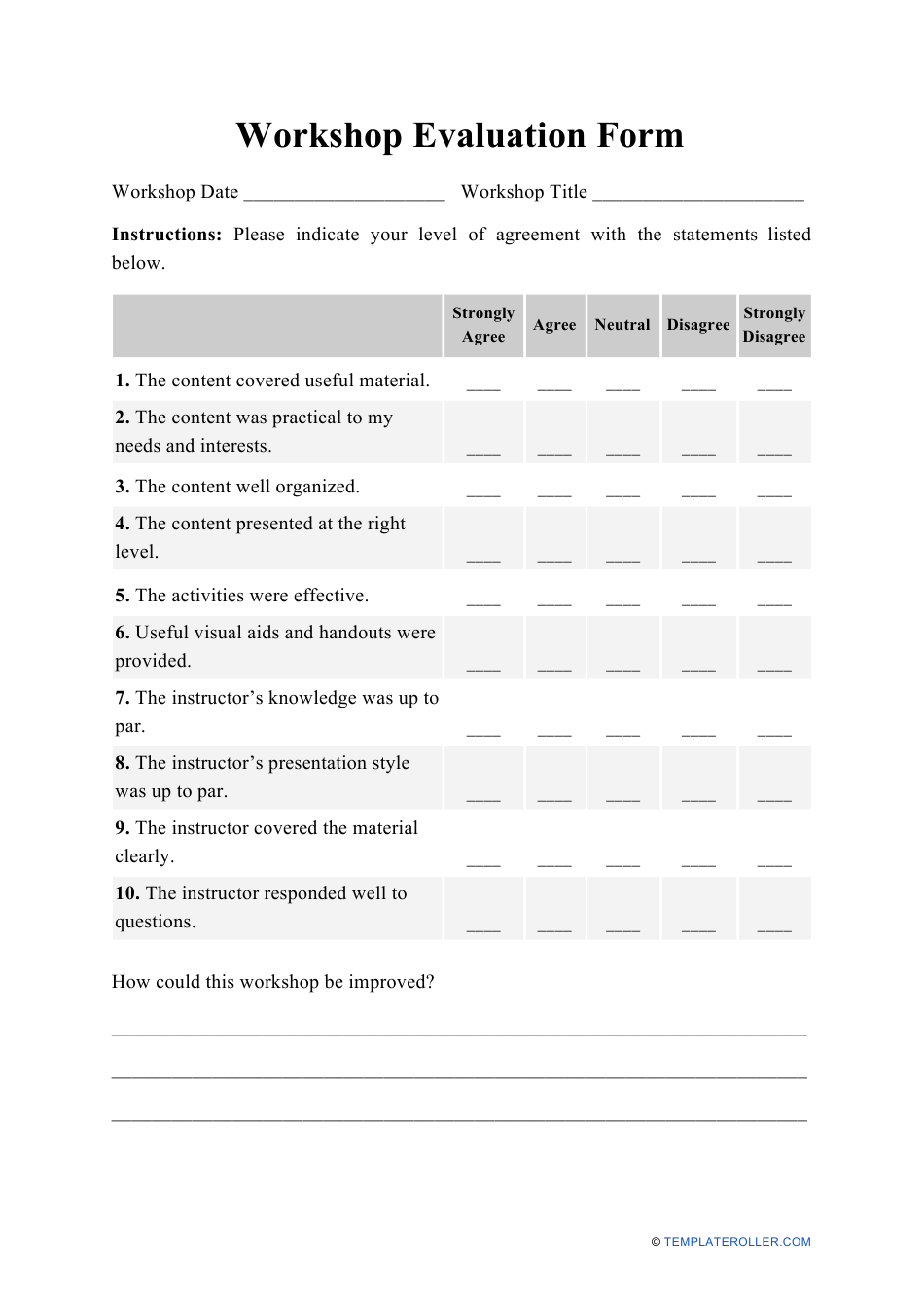 Workshop Evaluation Form Download Printable PDF 